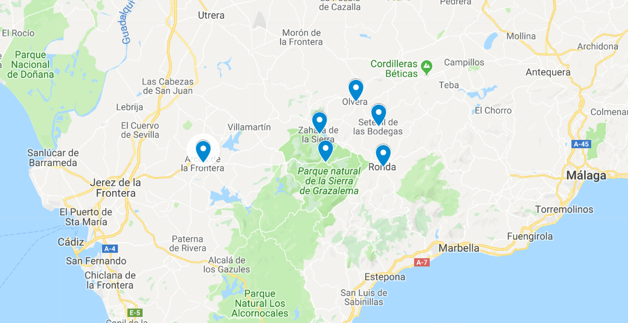 de charmantste witte dorpjes van Andalusië kaart