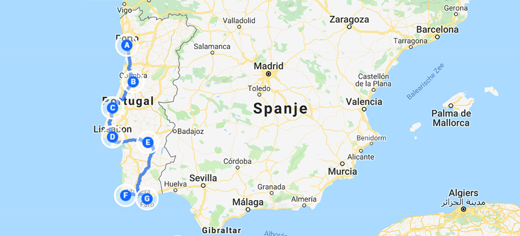 roadtrip Portugal route kaart