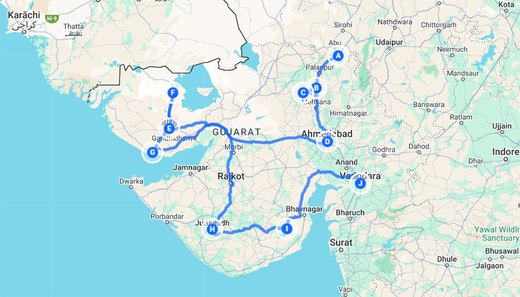 rondreis Gujarat route op kaart